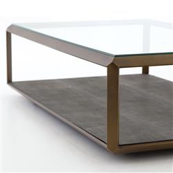Ena Regency Gold Brass Grey Faux Shagreen Rectangular 2 Tier Coffee Table|