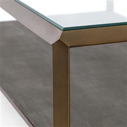 Ena Regency Gold Brass Grey Faux Shagreen Rectangular 2 Tier Coffee Table|