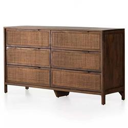 Rhian Coastal Beach Brown Mango Wood Frame Woven Cane 6 Drawer Double Dresser|