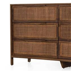 Rhian Coastal Beach Brown Mango Wood Frame Woven Cane 6 Drawer Double Dresser|