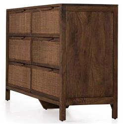 Rhian Coastal Beach Brown Mango Wood Frame Woven Cane 6 Drawer Double Dresser|