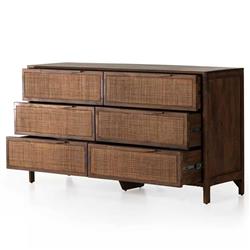 Rhian Coastal Beach Brown Mango Wood Frame Woven Cane 6 Drawer Double Dresser|