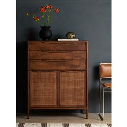 Rhian Coastal Beach Brown Woven Cane Mango Wood 3 Drawer Tall Chest Dresser|
