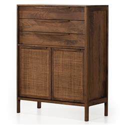 Rhian Coastal Beach Brown Woven Cane Mango Wood 3 Drawer Tall Chest Dresser|