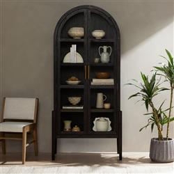 Ivan Mid Century Matte Black Solid Oak Wood 2 Glass Door Arched Display Case|