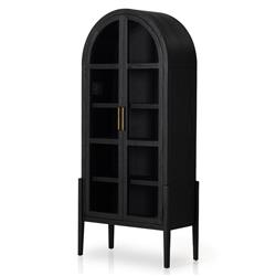 Ivan Mid Century Matte Black Solid Oak Wood 2 Glass Door Arched Display Case|