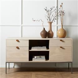 Theodore Industrial Loft Dove White Wood Grey Iron 4 Drawer Filing Credenza|