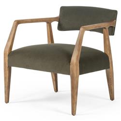 Pia Mid Century Modern Green Upholstered Velvet Natural Wood Frame Arm Chair|