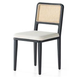 Vin Coastal White Upholstered Cushion Natural Woven Cane Black Wood Dining Chair|