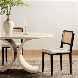 Vin Coastal White Upholstered Cushion Natural Woven Cane Black Wood Dining Chair|