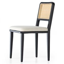 Vin Coastal White Upholstered Cushion Natural Woven Cane Black Wood Dining Chair|