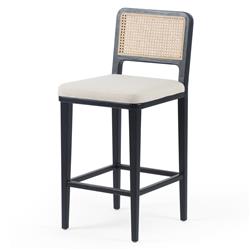 Vin Coastal White Upholstered Cushion Natural Woven Cane Black Wood Counter Stool|