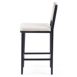 Vin Coastal White Upholstered Cushion Natural Woven Cane Black Wood Counter Stool|