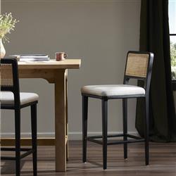 Vin Coastal White Upholstered Cushion Natural Woven Cane Black Wood Counter Stool|