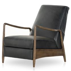 Olena Mid Century Modern Black Upholstered Leather Brown Wood Frame Recliner Arm Chair|