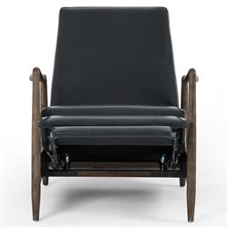 Olena Mid Century Modern Black Upholstered Leather Brown Wood Frame Recliner Arm Chair|