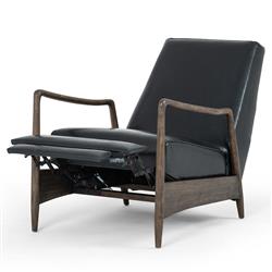 Olena Mid Century Modern Black Upholstered Leather Brown Wood Frame Recliner Arm Chair|