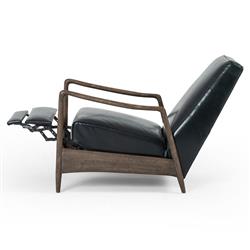 Olena Mid Century Modern Black Upholstered Leather Brown Wood Frame Recliner Arm Chair|