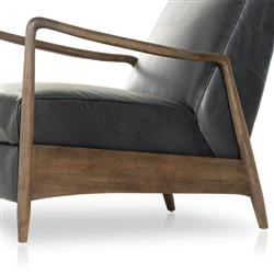 Olena Mid Century Modern Black Upholstered Leather Brown Wood Frame Recliner Arm Chair|