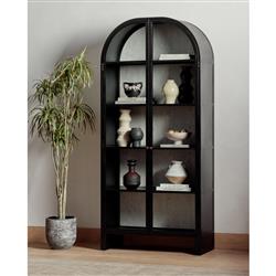 Sheila Industrial Clear Glass Black Iron Frame White Oak Curved 2 Door Display Case|