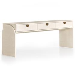 Maya Cream Painted Linen Mahogany Wood Brass Iron Pull 3 Drawer Console Table|
