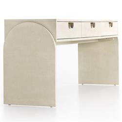 Maya Cream Painted Linen Mahogany Wood Brass Iron Pull 3 Drawer Console Table|