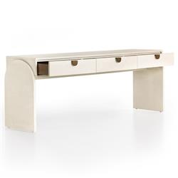 Maya Cream Painted Linen Mahogany Wood Brass Iron Pull 3 Drawer Console Table|
