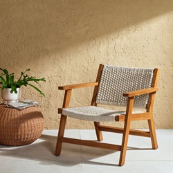 Dion Coastal Beach Light Brown Woven Rope Natural Teak Wood Outdoor Arm Chair|
