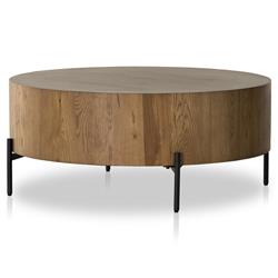 Alina Rustic Lodge Dark Brown Oak Wood Black Iron Base Round Coffee Table|