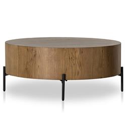 Alina Rustic Lodge Dark Brown Oak Wood Black Iron Base Round Coffee Table|