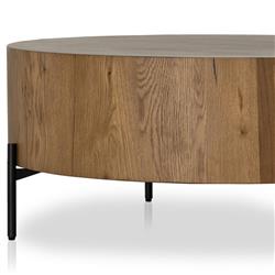 Alina Rustic Lodge Dark Brown Oak Wood Black Iron Base Round Coffee Table|