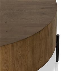 Alina Rustic Lodge Dark Brown Oak Wood Black Iron Base Round Coffee Table|