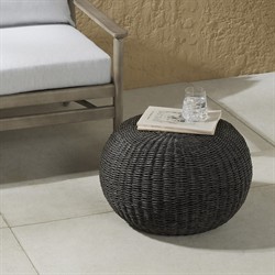 Airah Coastal Beach Black Woven Wicker Round Outdoor Ottoman|