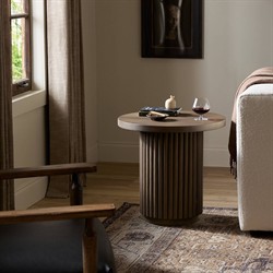 Farvald Mid Century Modern Dark Brown Reclaimed Wood Round End Table|