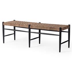 Lara Coastal Beach Brown Woven Leather Seat Black Oak Wood Frame Bench|