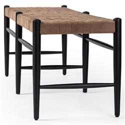Lara Coastal Beach Brown Woven Leather Seat Black Oak Wood Frame Bench|