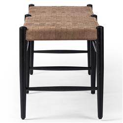 Lara Coastal Beach Brown Woven Leather Seat Black Oak Wood Frame Bench|