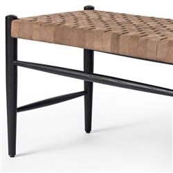 Lara Coastal Beach Brown Woven Leather Seat Black Oak Wood Frame Bench|