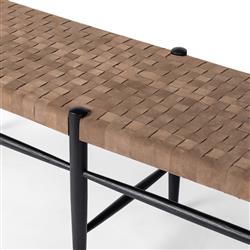Lara Coastal Beach Brown Woven Leather Seat Black Oak Wood Frame Bench|