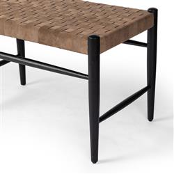 Lara Coastal Beach Brown Woven Leather Seat Black Oak Wood Frame Bench|