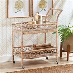 Neriya Coastal Beach Whitewash Rattan 2 Tier Woven Bar Cart|