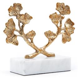 Ginko Regency Gold Iron Leaves White Marble Base Sculpture|