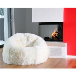 Shiloh Modern Ivory Long Wool Fur Leather Beanbag|