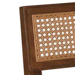 Colette French Beige Upholstered Linen Woven Cane Brown Wood Dining Bench|