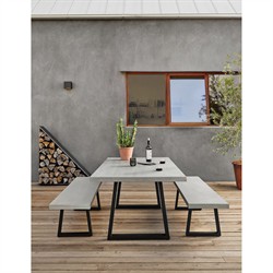 Maceo Modern Classic Grey Stone Top Black Iron Base Outdoor Dining Table - 78.75"W|