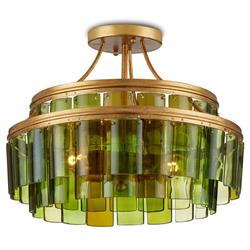 Verde Mid Century Green Glass Gold Leaf Wrought Iron Semi Flush Mount|