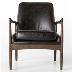 Olena Mid Century Black Upholstered Leather Brown Oak Wood Living Room Arm Chair|