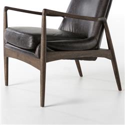 Olena Mid Century Black Upholstered Leather Brown Oak Wood Living Room Arm Chair|