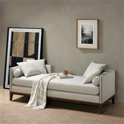 Marida French Country Off White Upholstered Brown Wood Nailhead Trim Daybed|