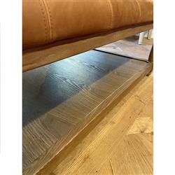 Ishan Rustic Lodge Brown Upholstered Leather Solid Oak Wood Tufted Ottoman|